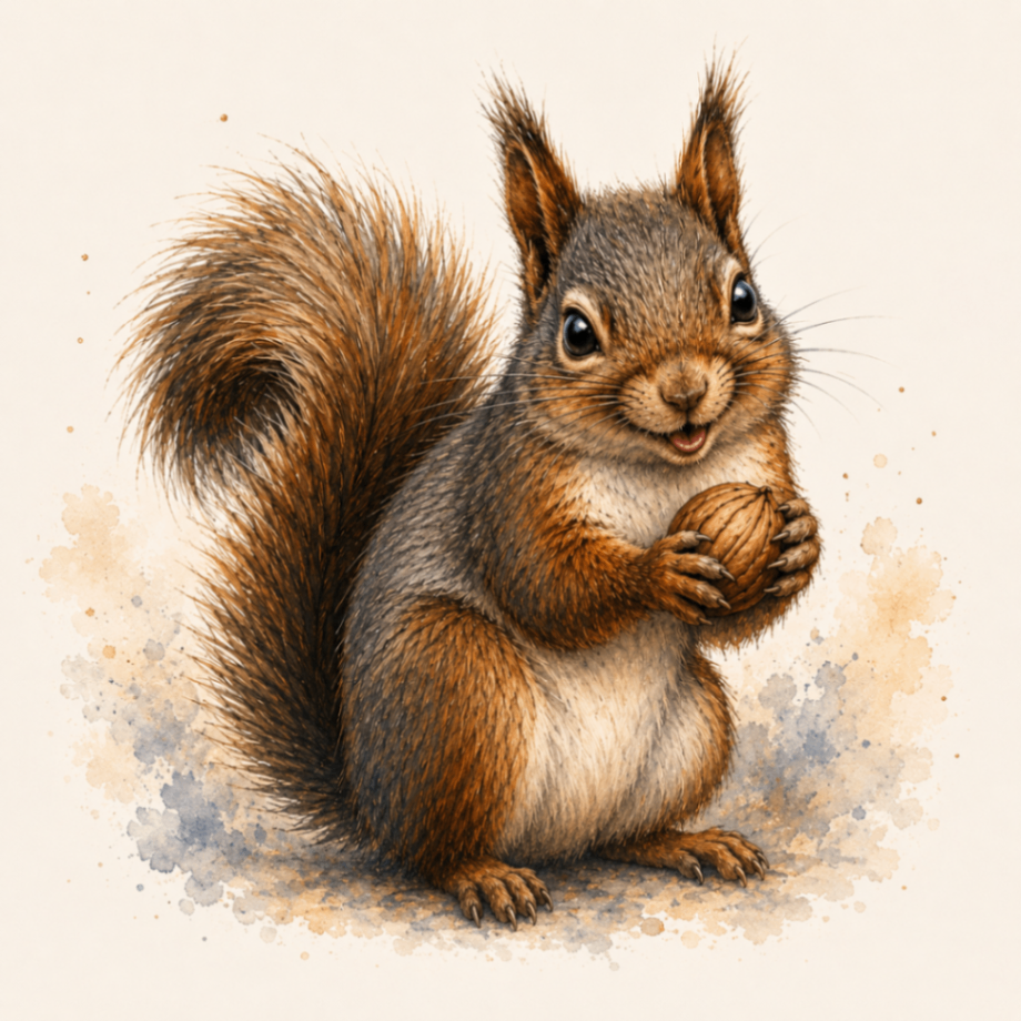 A squirrel holding an acorn — suspected to be Grand Master Meeskers or a senior clan operative. Expression: confident. Acorn: secured.