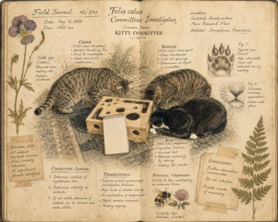 Field Journal No. 247 — Felis catus Committeus Investigatus. Common Name: Kitty Committee. Cedar, Bonnie, and Bob investigate a mysterious wooden box at Institute Headquarters.