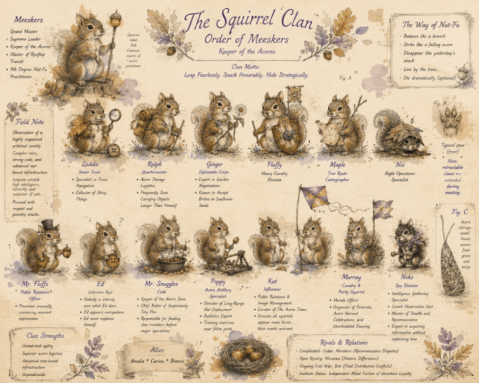 The Squirrel Clan — Order of Meeskers. Official field documentation of all known clan members, their roles, and clan strengths.